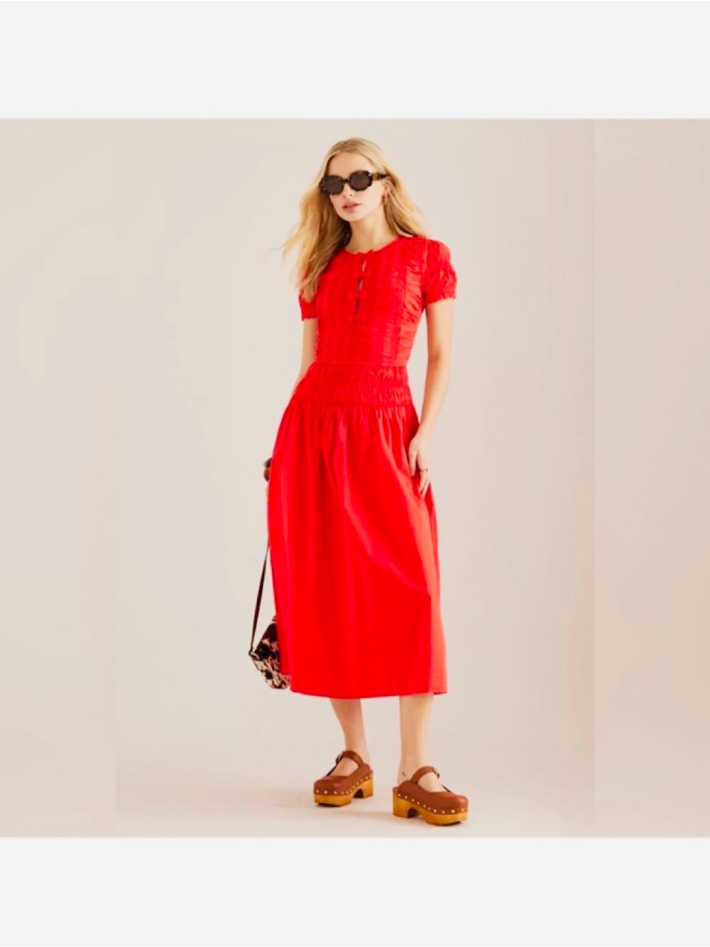 Red Midi Dress with Smocked Waist - Women Dresses Midi